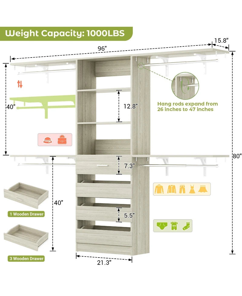 Aheaplus 96 inches Closet Organizer System with 4 Reversible Shelves and Wood Drawers, Wardrobe Clothes Rack Hanging Rods