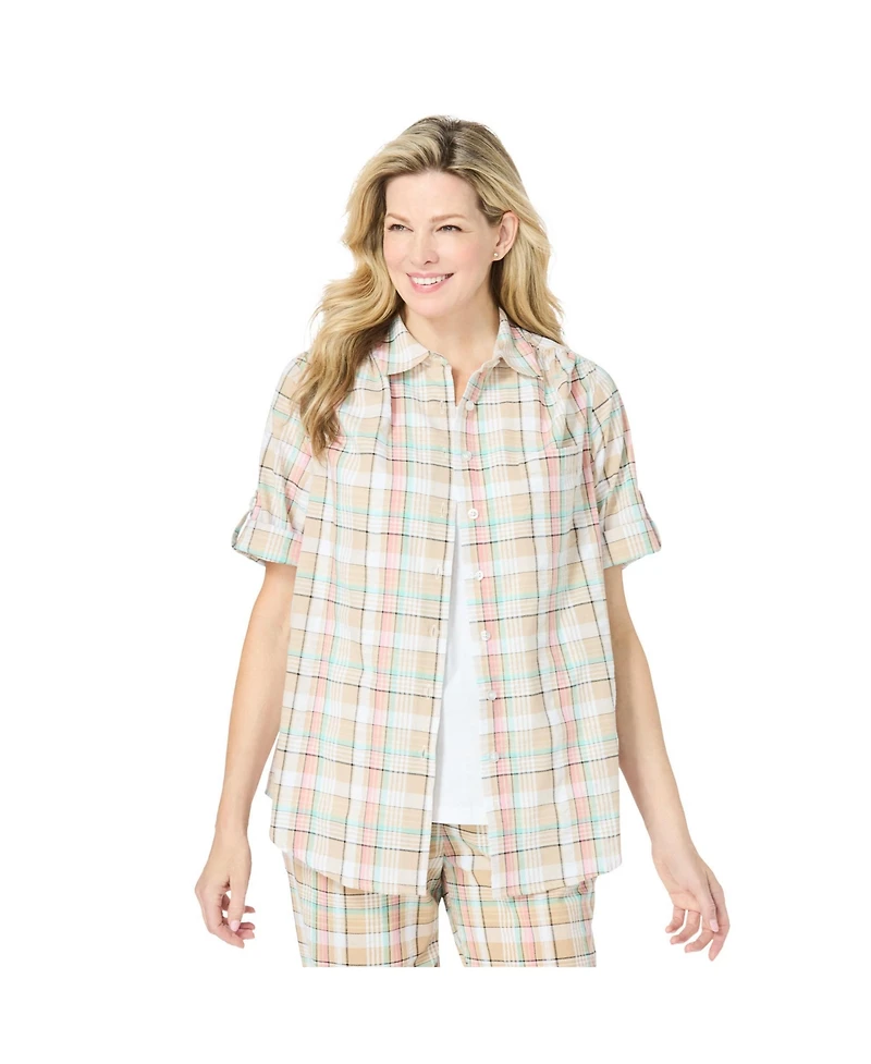 Woman Within Plus Short-Sleeve Button-Down Cotton Seersucker Shirt