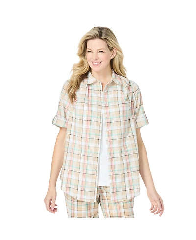 Woman Within Plus Short-Sleeve Button-Down Cotton Seersucker Shirt