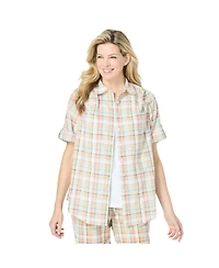 Woman Within Plus Short-Sleeve Button-Down Cotton Seersucker Shirt