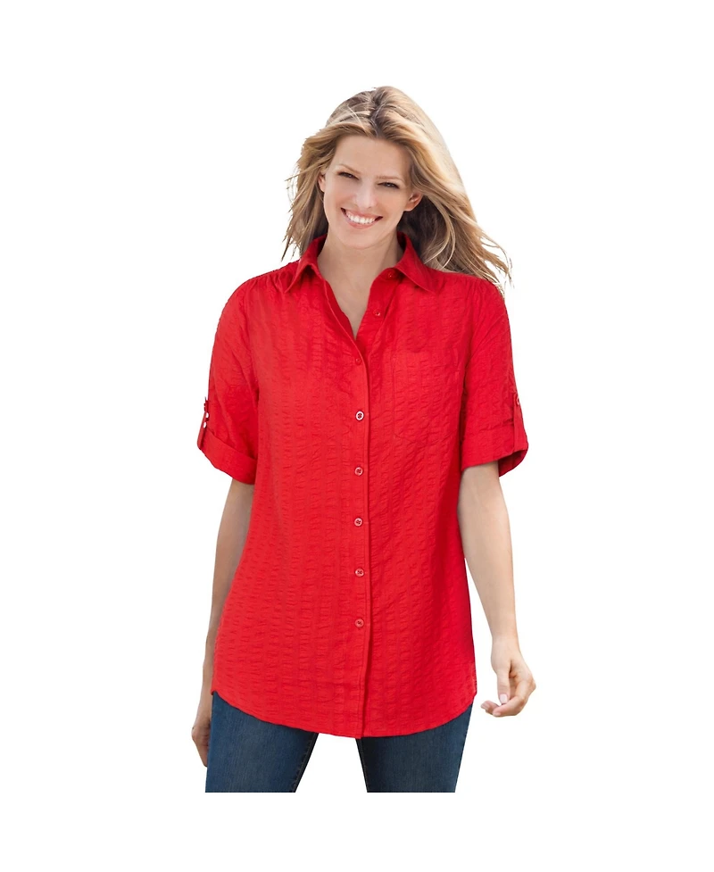 Woman Within Women's Within Short-Sleeve Button Down Seersucker Shirt