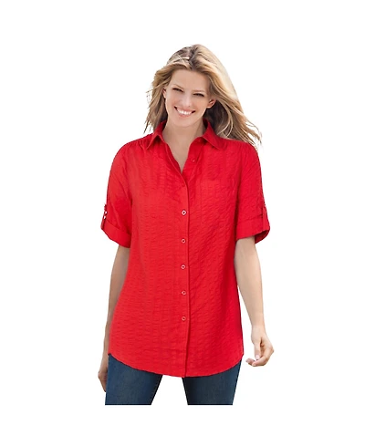 Woman Within Women's Within Short-Sleeve Button Down Seersucker Shirt