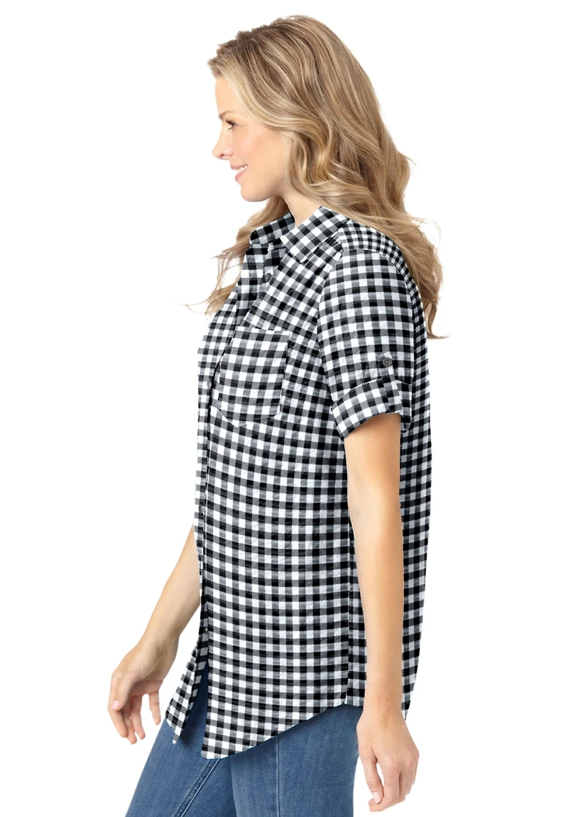 Woman Within Plus Short-Sleeve Button Down Seersucker Shirt