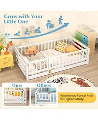 Gymax Twin Floor Bed w/High Fence & Door Safety Guardrails Wood Frame