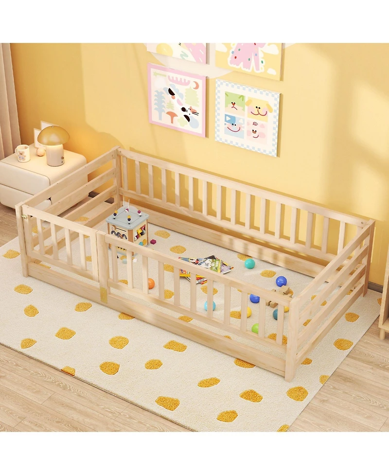 Gymax Twin Floor Bed w/High Fence & Door Safety Guardrails Wood Frame
