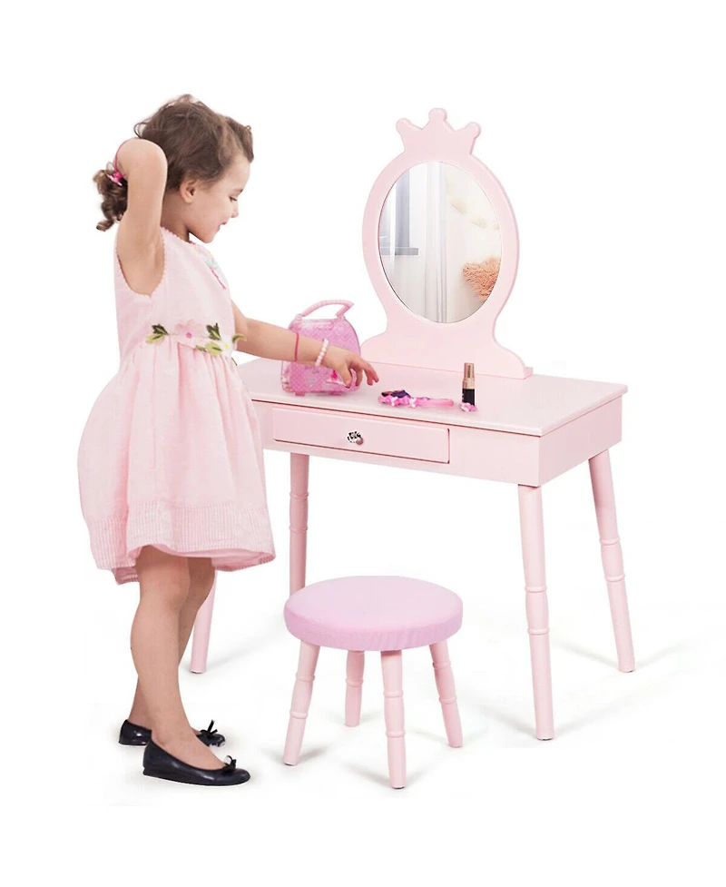 Gymax Kids Vanity Makeup Table & Chair Set Make Up Stool Play Set for Children