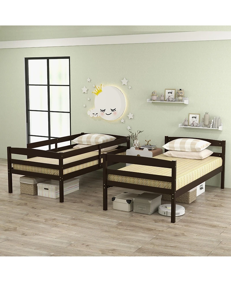 Gymax Twin Over Bunk Bed Wooden Convertible Into 2 Beds High Guardrails