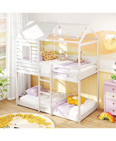 Gymax Twin over Twin House Bunk Bed Low-to-ground Bed Frame w/ Roof Solid Wood Bed