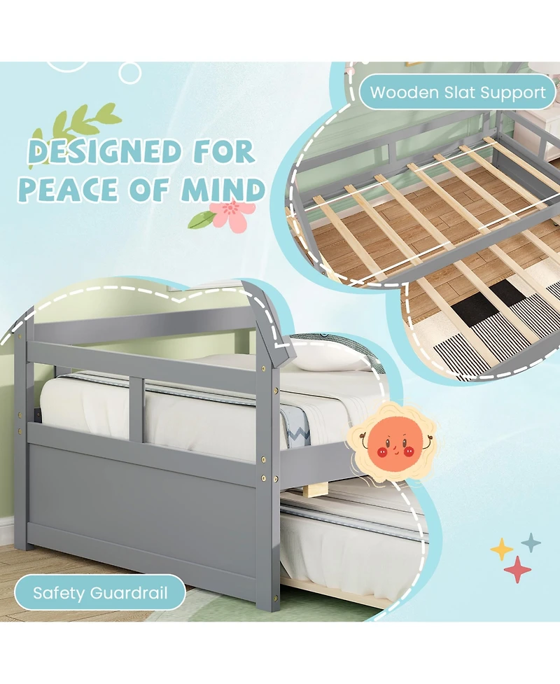 Gymax Twin Size House Bed w/ Trundle Roof & Safety Guardrail Wood Slat Support