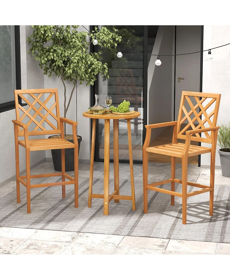 Gymax 3 Pcs Patio Bar Set Round Cocktail Table w/ 2 Stools w/ Backrest Armrests