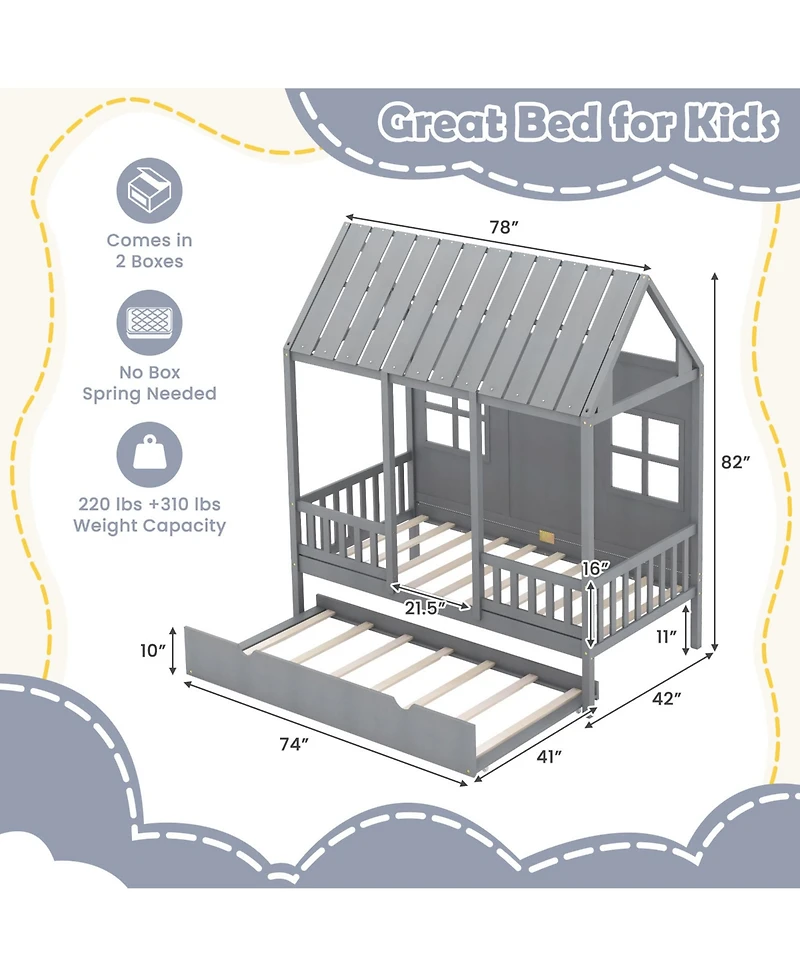 Gymax Twin Size House Bed with Trundle Fence Decor Wooden Windows Tall Roof
