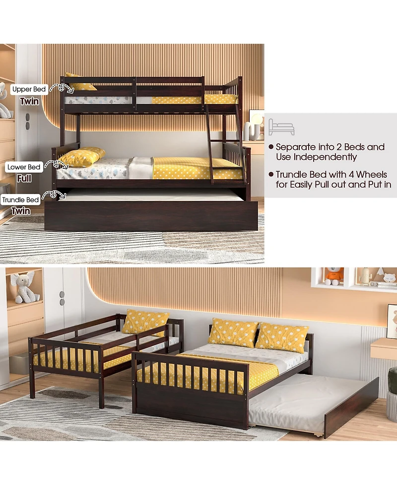 Gymax Twin Over Full Bunk Bed with Twin Trundle Convertible Platform Bed
