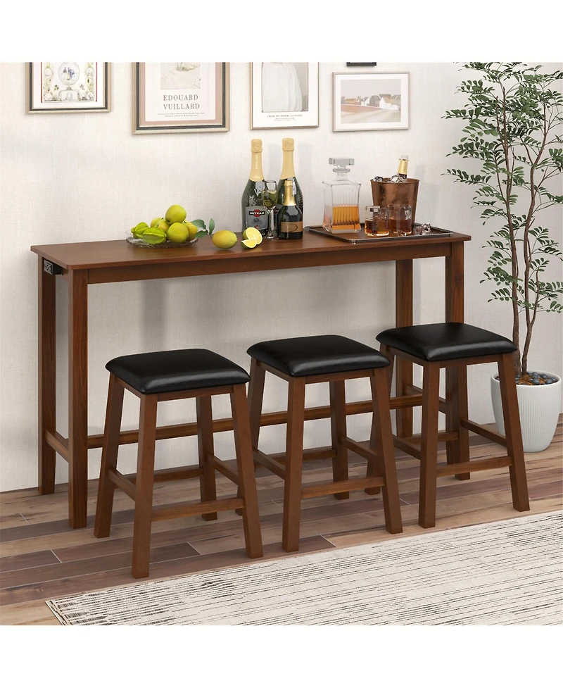 Gymax 4-Piece Bar Table Set w/ Power Outlet Counter-Height Table & 3 Bar Stools
