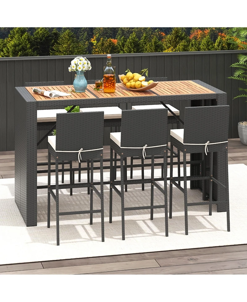 Gymax 7 Pieces Patio Bar Set w/ Acacia Wood Tabletop & Removable Cushions Outdoor
