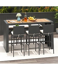 Gymax 7 Pieces Patio Bar Set w/ Acacia Wood Tabletop & Removable Cushions Outdoor