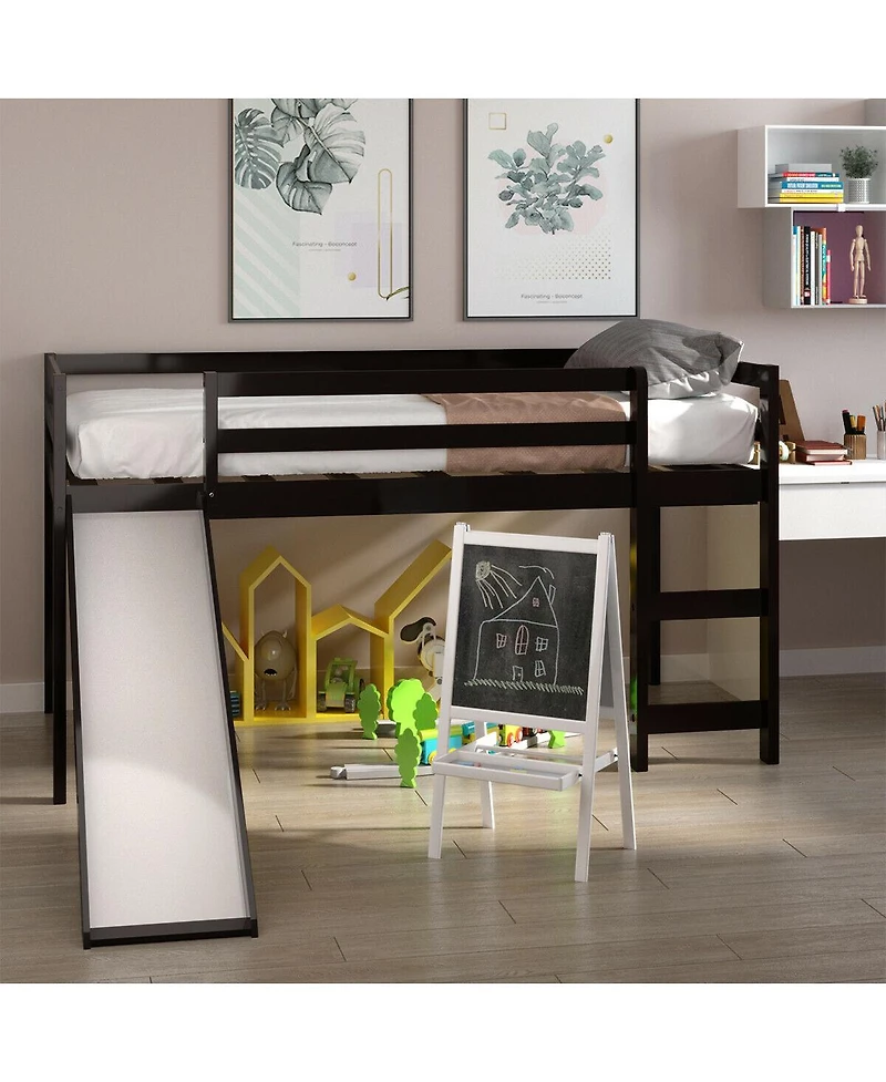 Gymax Twin Size Loft Bed with Slide Wood Low Sturdy Loft Bed Bedroom
