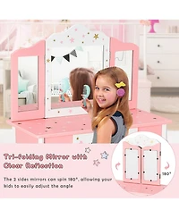 Gymax Kids Vanity Princess Makeup Dressing Table Chair Set W/ Tri-folding Mirror