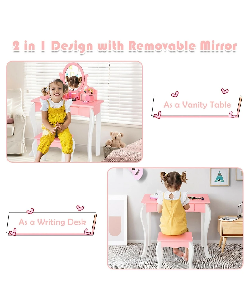Gymax Kids Vanity Princess Makeup Dressing Table Stool Set W/ Mirror Drawer