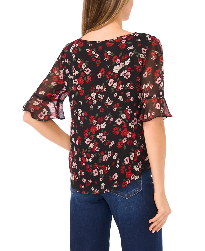 CeCe Women's Printed Split Tie Neck Top