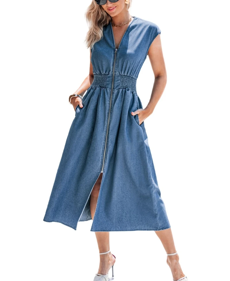 Cupshe Women's Zip-Front Denim Midi Beach Dress