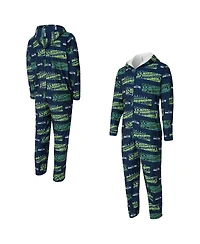 Concept Sport Men's College Navy Seattle Seahawks Shuffle All-Over-Print Microfleece Full-Zip Union Suit
