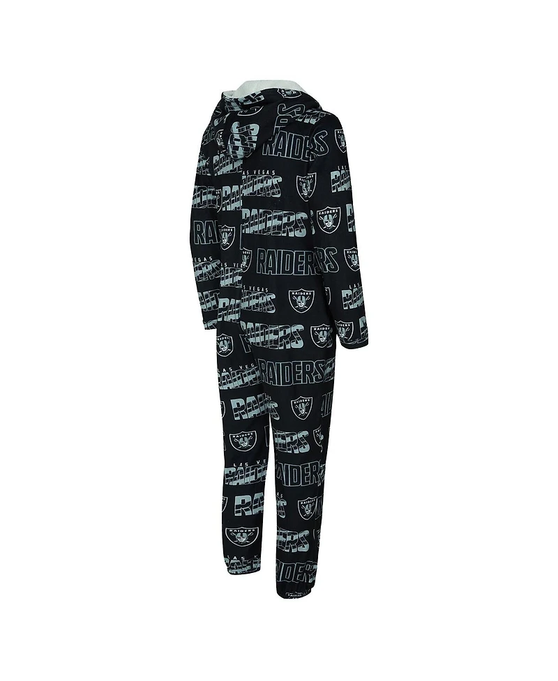 Concept Sport Men's Black Las Vegas Raiders Shuffle All-Over-Print Microfleece Full-Zip Union Suit