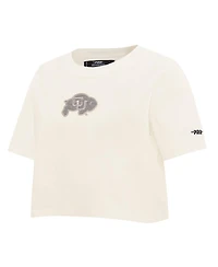Pro Standard Women's Cream Colorado Buffaloes Reverse French Terry Boxy Cropped T-Shirt