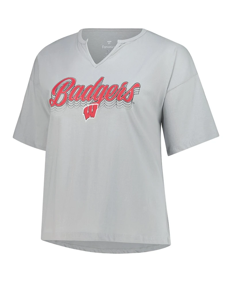 Fanatics Women's Gray Wisconsin Badgers Plus Winning Gear Notch Neck T-Shirt