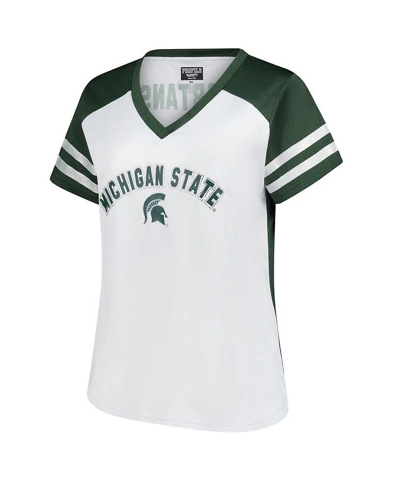 Fanatics Women's White Michigan State Spartans Plus Rhinestone Glitter Sleeve Stripe V-Neck T-Shirt