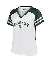 Fanatics Women's White Michigan State Spartans Plus Rhinestone Glitter Sleeve Stripe V-Neck T-Shirt