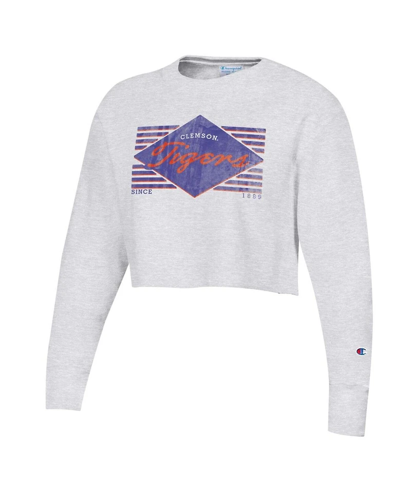 Champion Women's Heather Gray Clemson Tigers Reverse Weave Cropped Pullover Sweatshirt