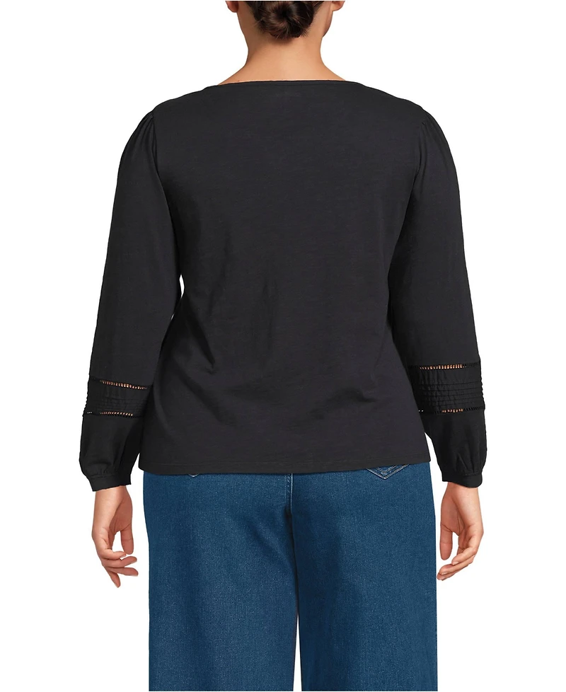 Lands' End Women's Plus Long Sleeve Slub Pintuck Top