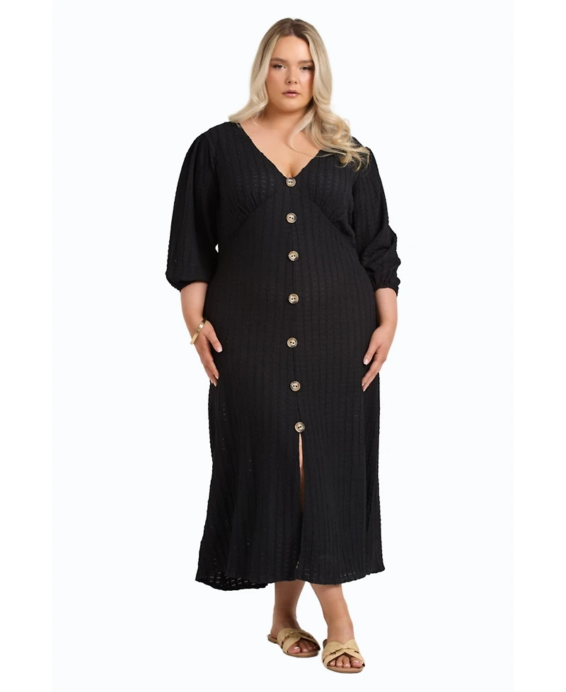 Fashion-szn Curve Balloon Sleeve Button Front Midi Dress