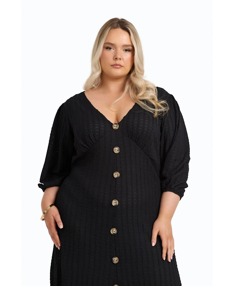 Fashion-szn Curve Balloon Sleeve Button Front Midi Dress