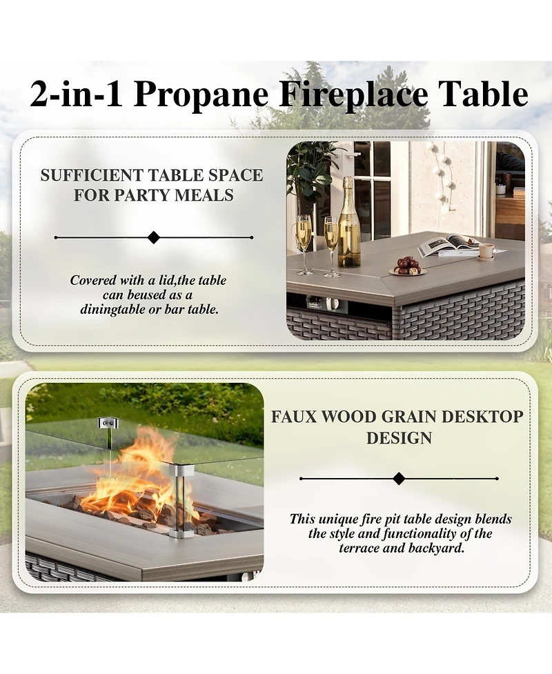 Gymojoy Brown/Gray Wicker Outdoor Rectangular 50,000 Btu Propane Gas Fire Pit Table with Lid