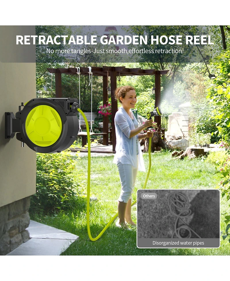 Sugift 65ft Retractable Garden Hose Reel with Auto Rewind, 180° Swivel & 10-Function Nozzle