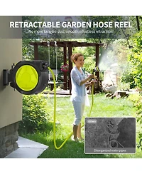 Sugift 65ft Retractable Garden Hose Reel with Auto Rewind, 180° Swivel & 10-Function Nozzle
