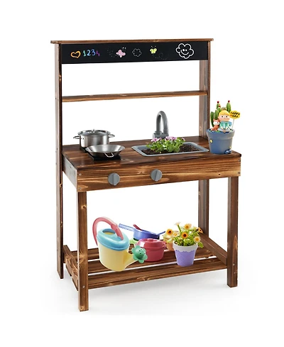 Costway Kids Mud Kitchen Play Kitchen with Blackboard, Stoves, Removable Sink