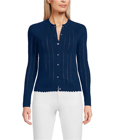 Lands' End Women's Cotton Pointelle Satin Trim Cardigan Sweater