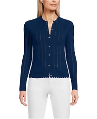 Lands' End Women's Cotton Pointelle Satin Trim Cardigan Sweater