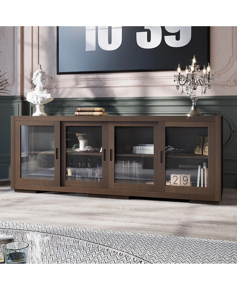 Solid Wood Tv Stand with 4 Sliding Tempered Glass Doors,Media Console
