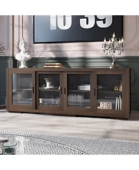 Solid Wood Tv Stand with 4 Sliding Tempered Glass Doors,Media Console