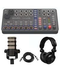 Zoom LiveTrak L6 10-Track Compact and Portable Digital Mixer/Recorder, Bundle with PodMic Microphone, TAPH100 Monitor Headphones, 25' Microphone Cable
