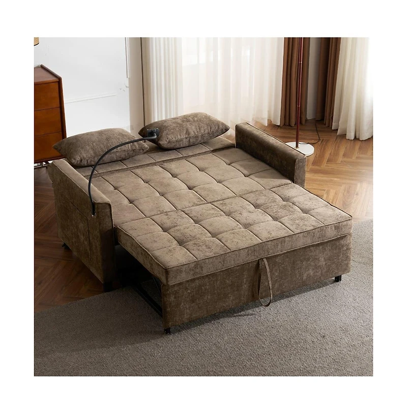 Maison Boucle 56.9" Pull-Out Sleeper Sofa with Usb Ports, Phone Holder & Adjustable Backrest, Convertible Sofa Bed with Pillows-Maison Boucle