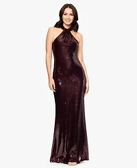 Betsy & Adam Women's Long Sequined Halter Neck Gown