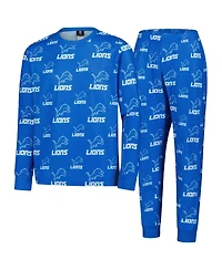 Outerstuff Big Boys and Girls Blue Detroit Lions All-Over-Print Long Sleeve T-Shirt Pants Sleep Set