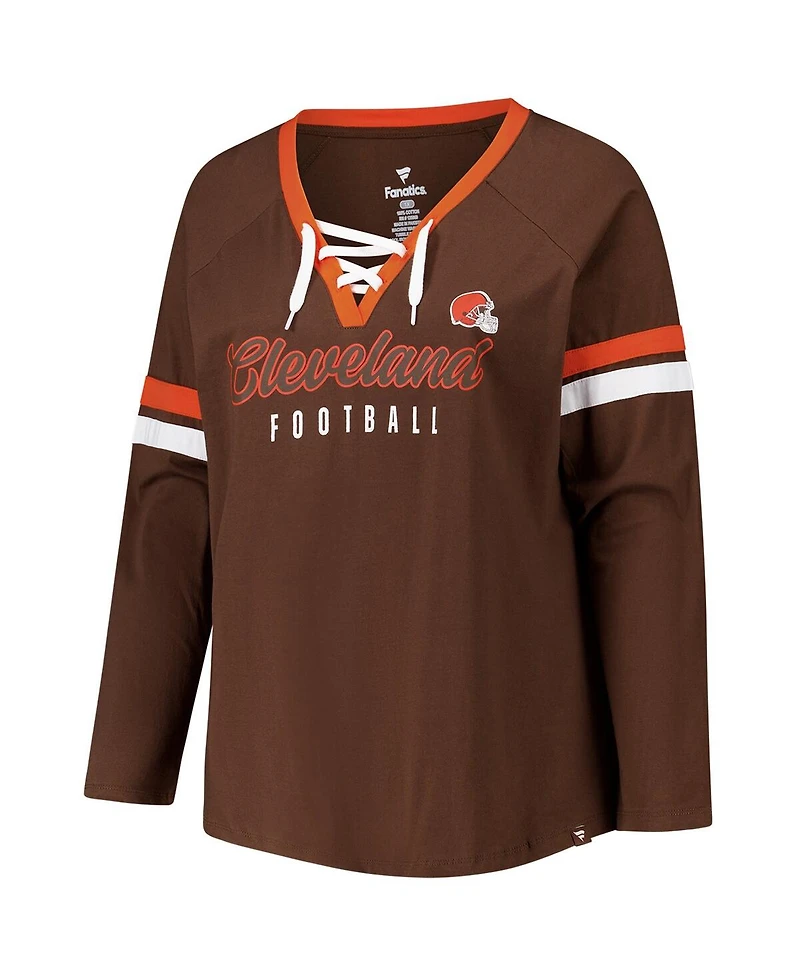Fanatics Women's Brown Cleveland Browns Plus Won Done Lace-Up V-Neck Long Sleeve T-Shirt