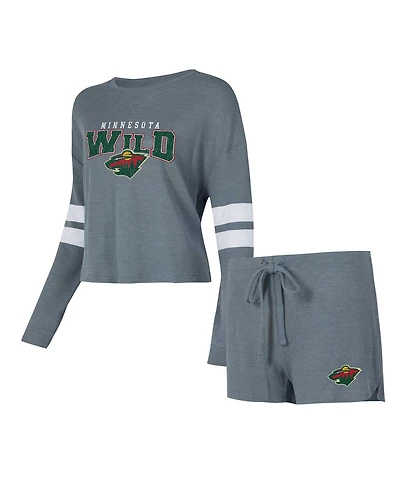 Concepts Sport Women's Gray Minnesota Wild Meadow Long Sleeve Top Shorts and Sleep Set
