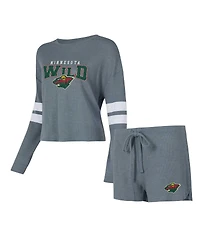Concepts Sport Women's Gray Minnesota Wild Meadow Long Sleeve Top Shorts and Sleep Set