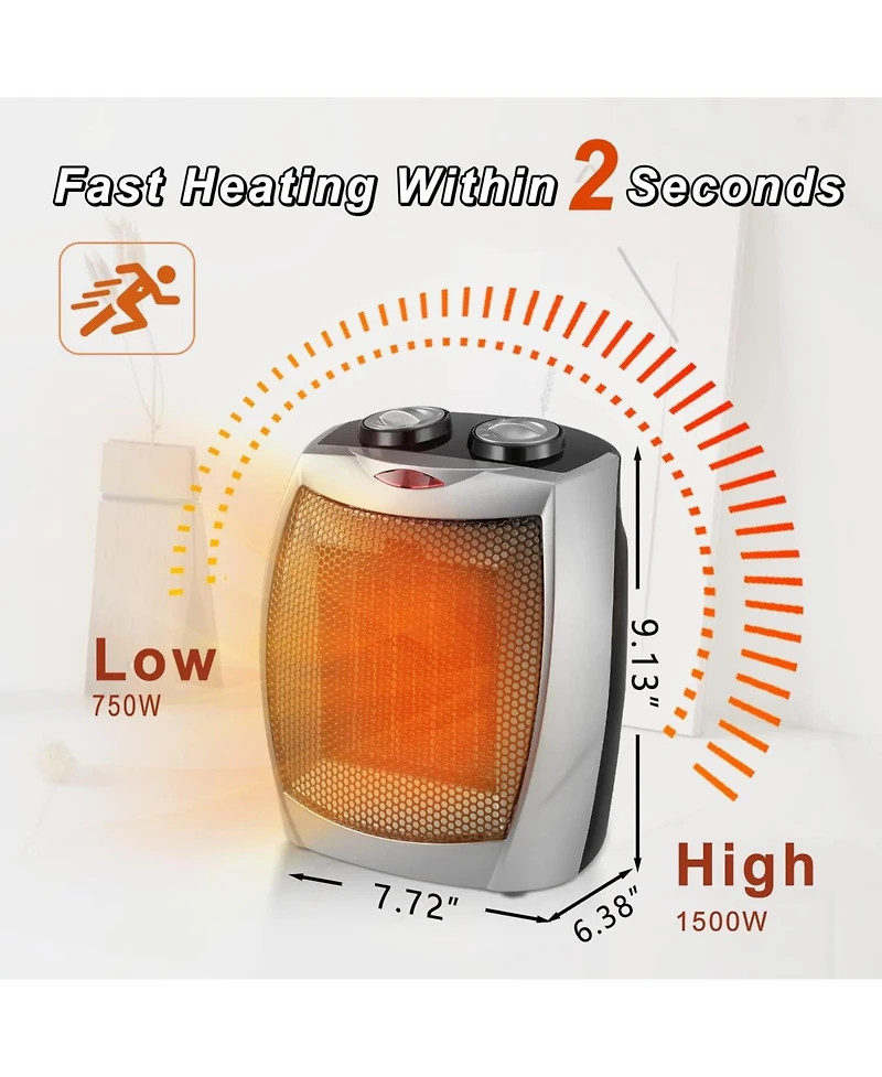 Cowsar Small Space Heater Electric Portable Heater Fan for Home and Office Ceramic Fan Heaters with Adjustable Thermostat, 750W/1500W